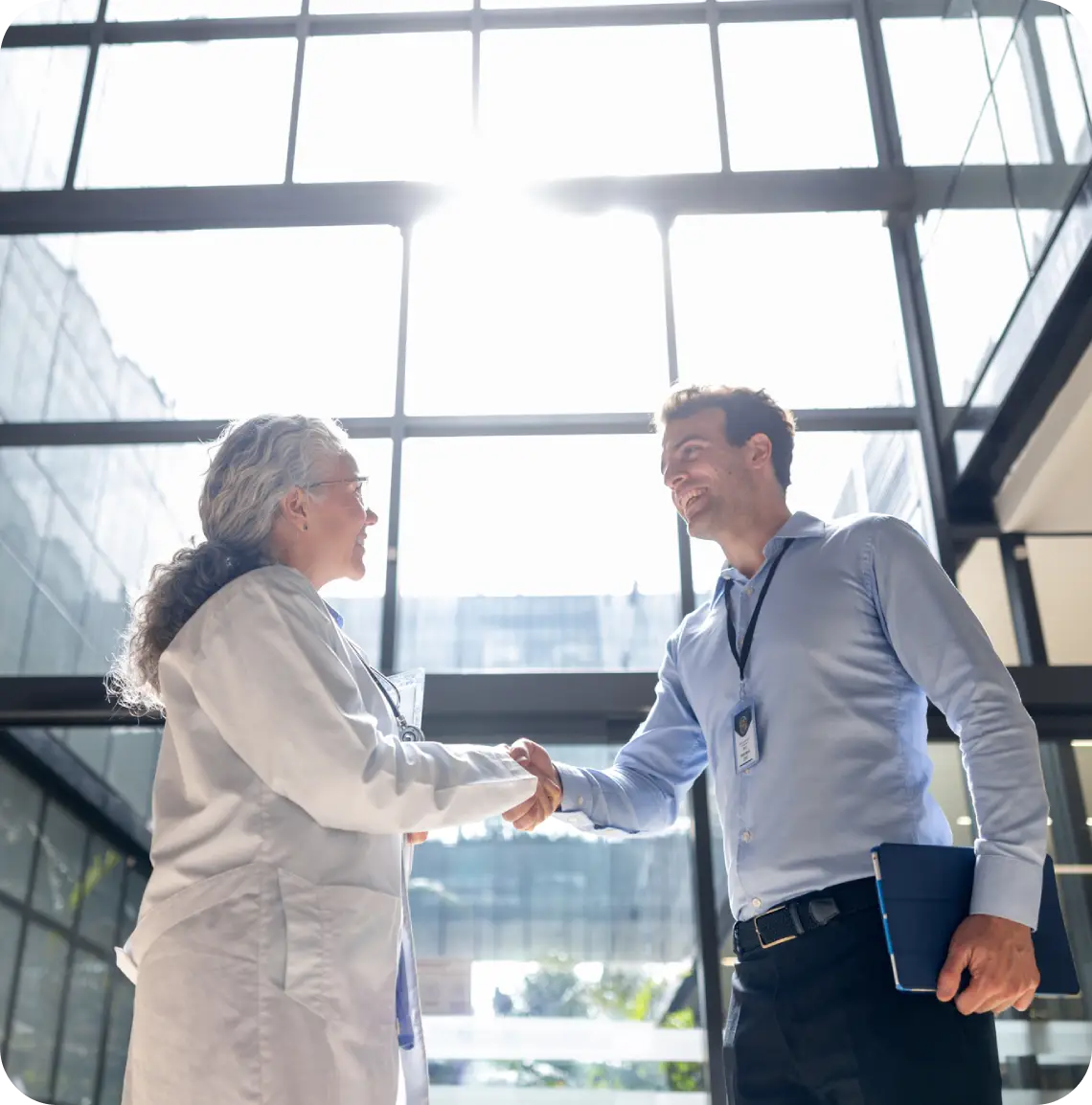 Two people greeting each other